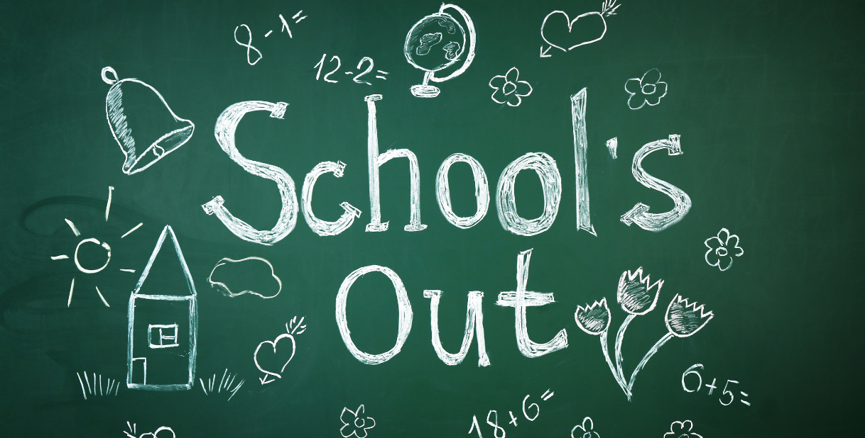 end of year read-alouds header graphic with text "school's out" on chalkboard