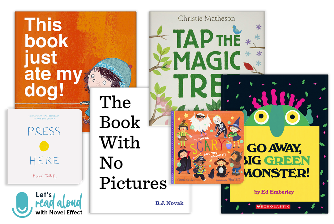 Blog post about interactive read aloud books. Header image with six book covers and "let's read aloud with Novel Effect" logo.